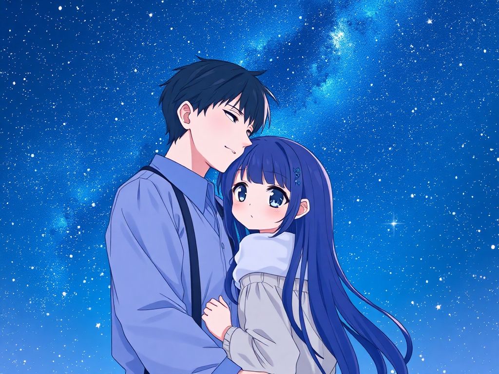 蓝色星空下的动漫情侣高分封面