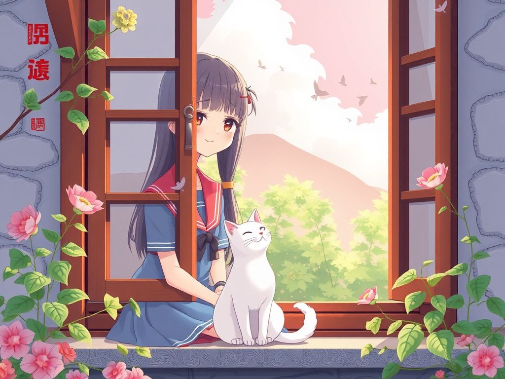 校园少女和白猫在夏日窗边的国漫封面